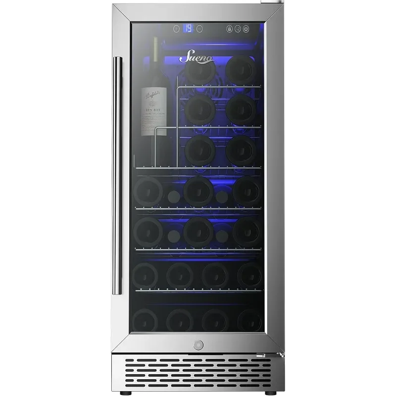 Sueno 15“ Built-In/Freestanding Wine Cooler Refrigerator 32 Bottles or 96 Cans Digital Touch Control Stainless Steel Mirror