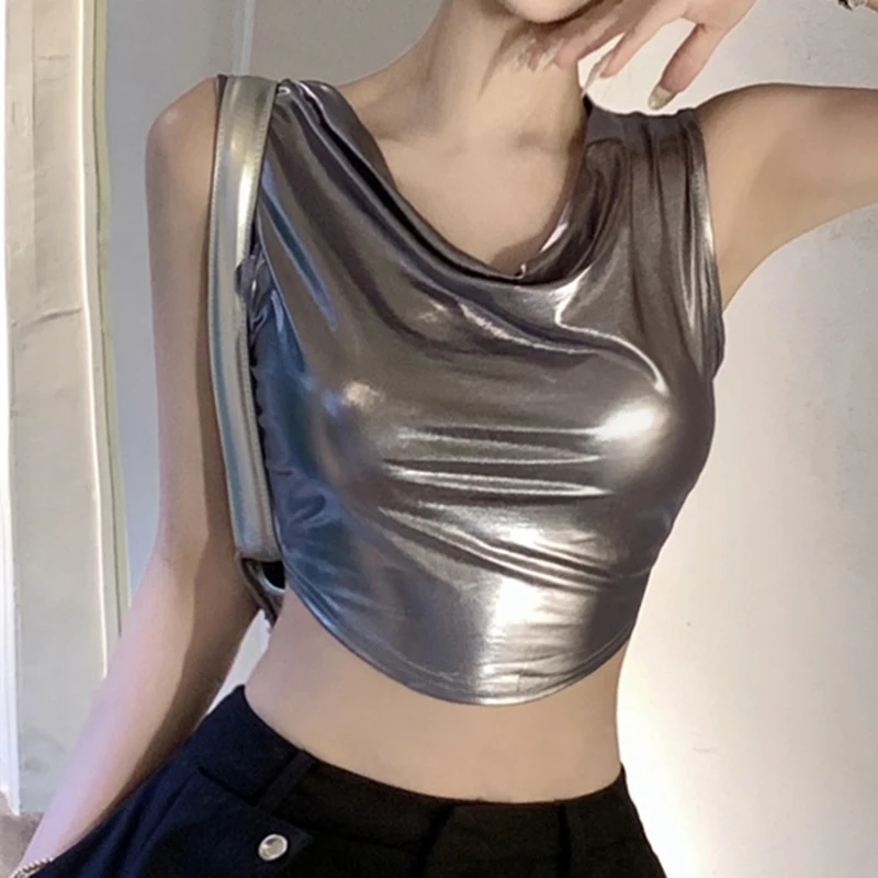 2024 spring and summer women\'s sexy slim female collar curved hem vest female tight short silver top women clothing