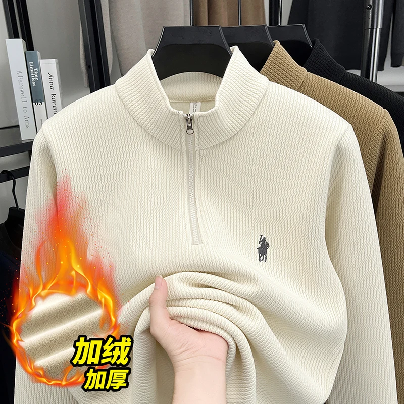 سترة بسحاب برقبة عالية مع مخمل سميك للرجال، سترة شتوية دافئة، سترة قاعدة محبوكة