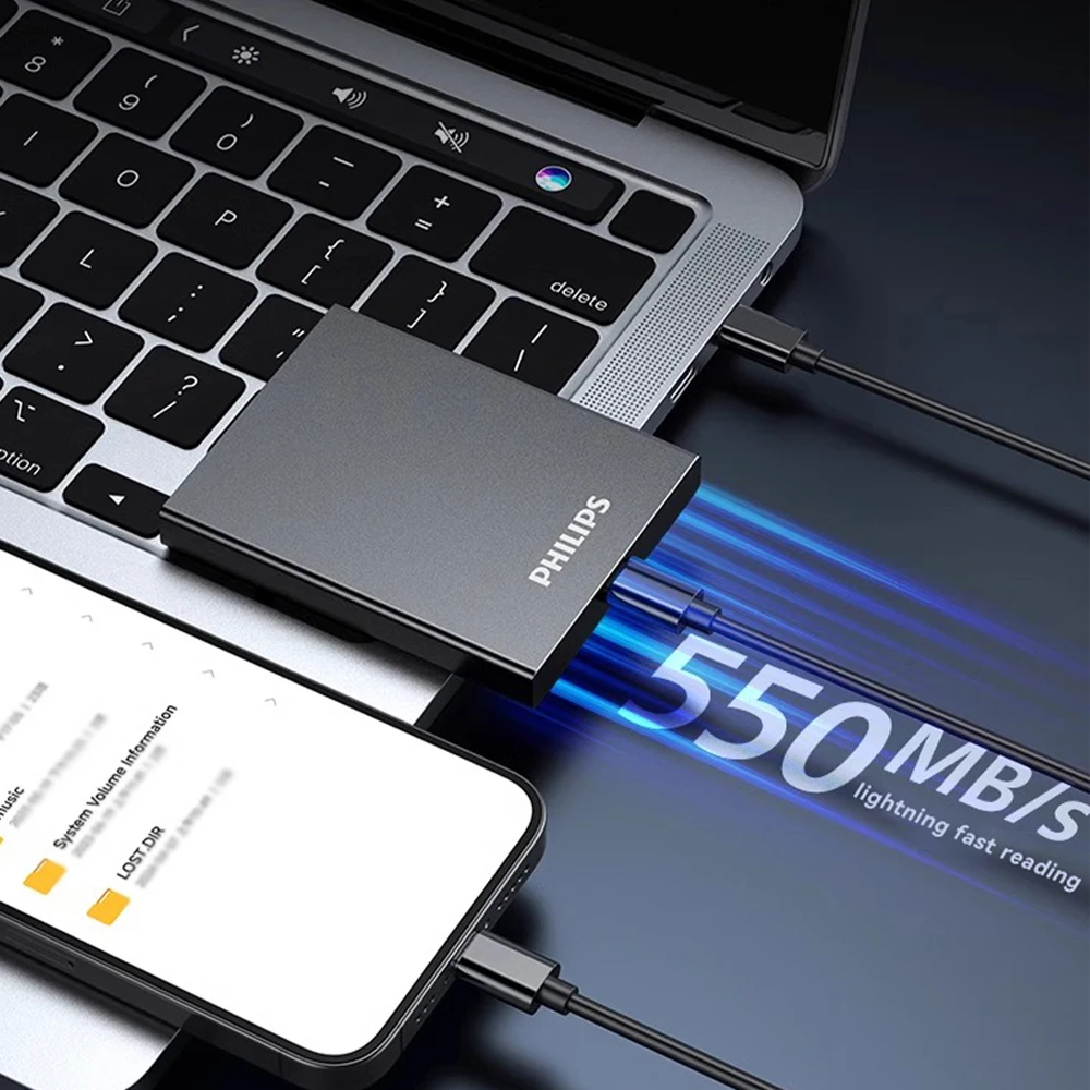 필립스 휴대용 SSD, 1TB 외장형 솔리드 스테이트 드라이브, 최대 속도 550MB/s, USB 3.2 Gen 2, 게임 및 학생용 안정적인 저장 장치