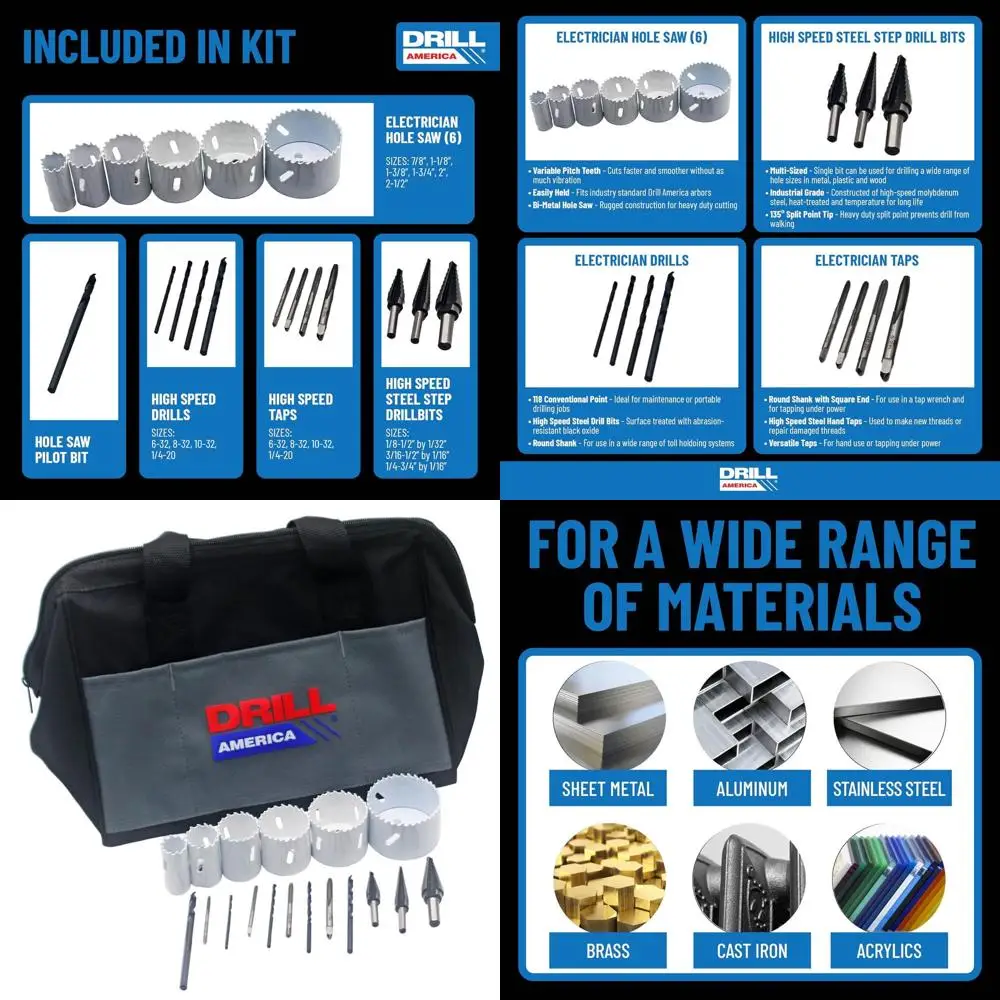 

Набор инструментов электрика из 15 предметов: 4 сверла, 6 коронок, 1 направляющее сверло, 3 ступенчатых сверла HSS и сумка для хранения, K