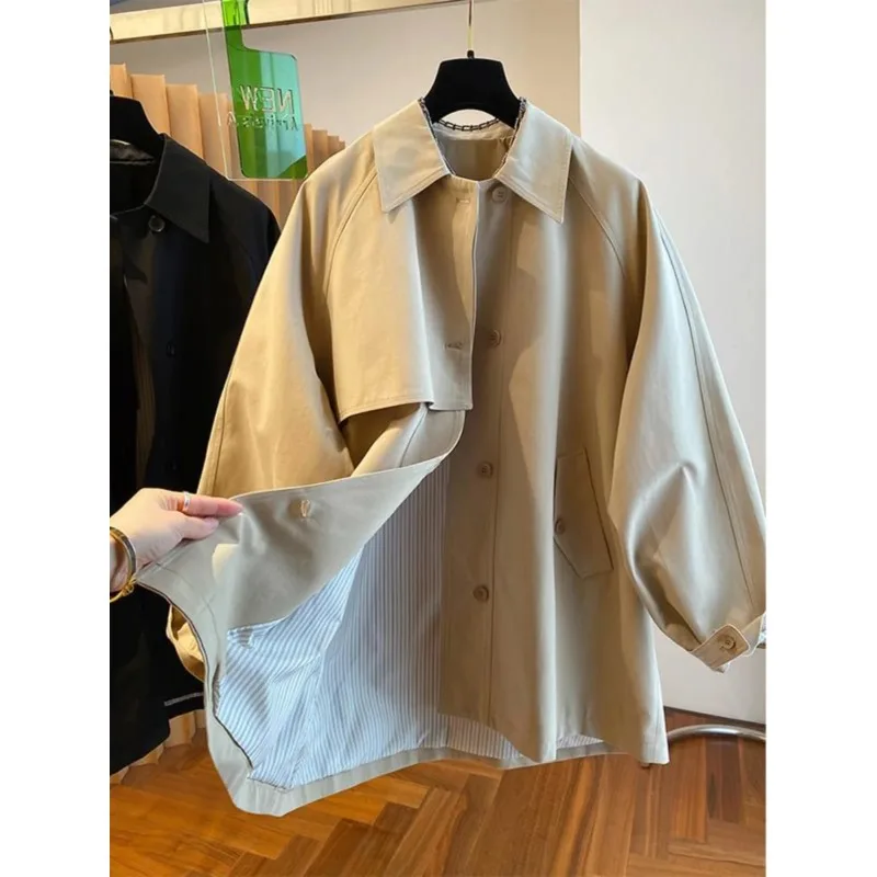 Jaket Wanita Model Utili Sle Terbaru 2025, Longgar, Panjang, Kerah Kancing, Gaya Briti Sle, Musim Semi Gugur, Pakaian Luar Modis