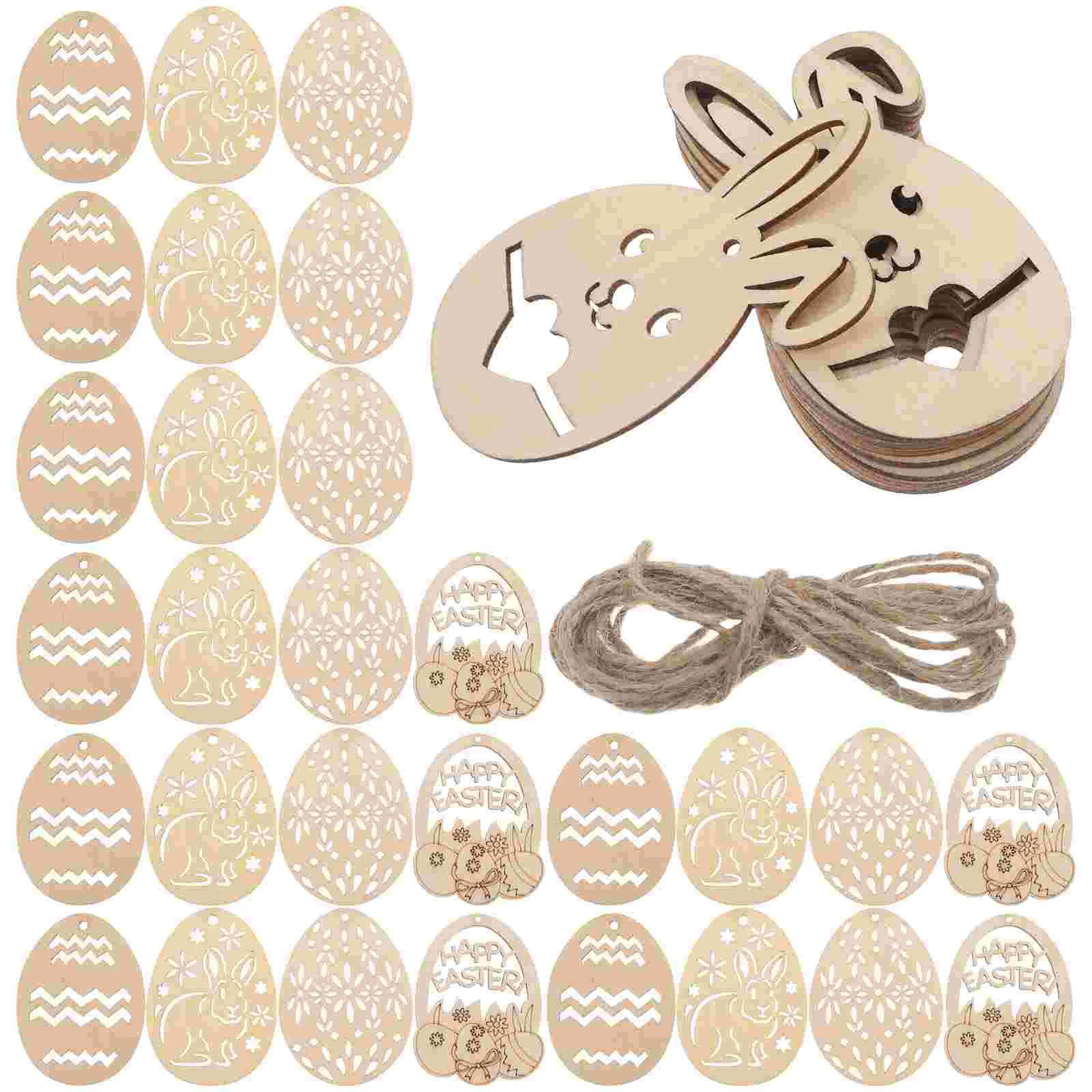 50-delige handgemaakte hangende decoraties van Pasen, houten ei-knutselset, plaquettevormige uitsparingen, boomhanger voor het schilderen
