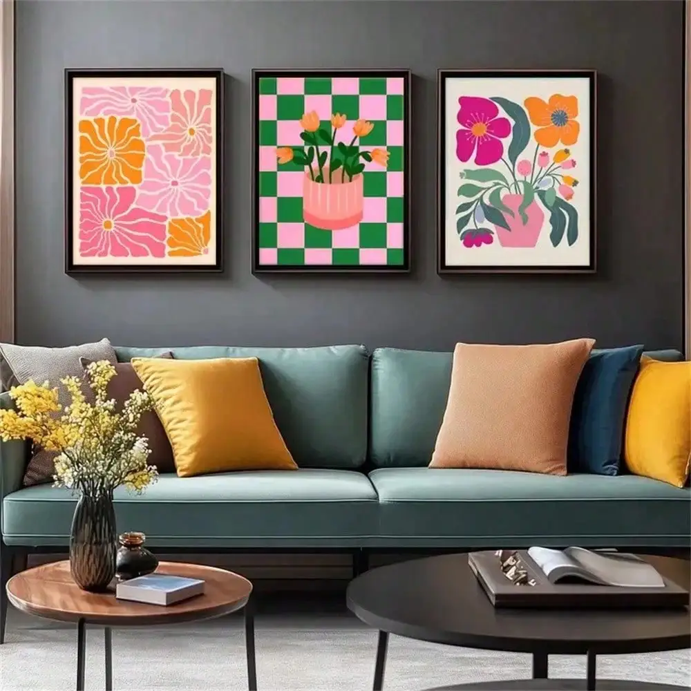 Three-piece no framed decorative painting, showcasing fashionable spatial aesthetics, presenting vibrant floral artworks in an a