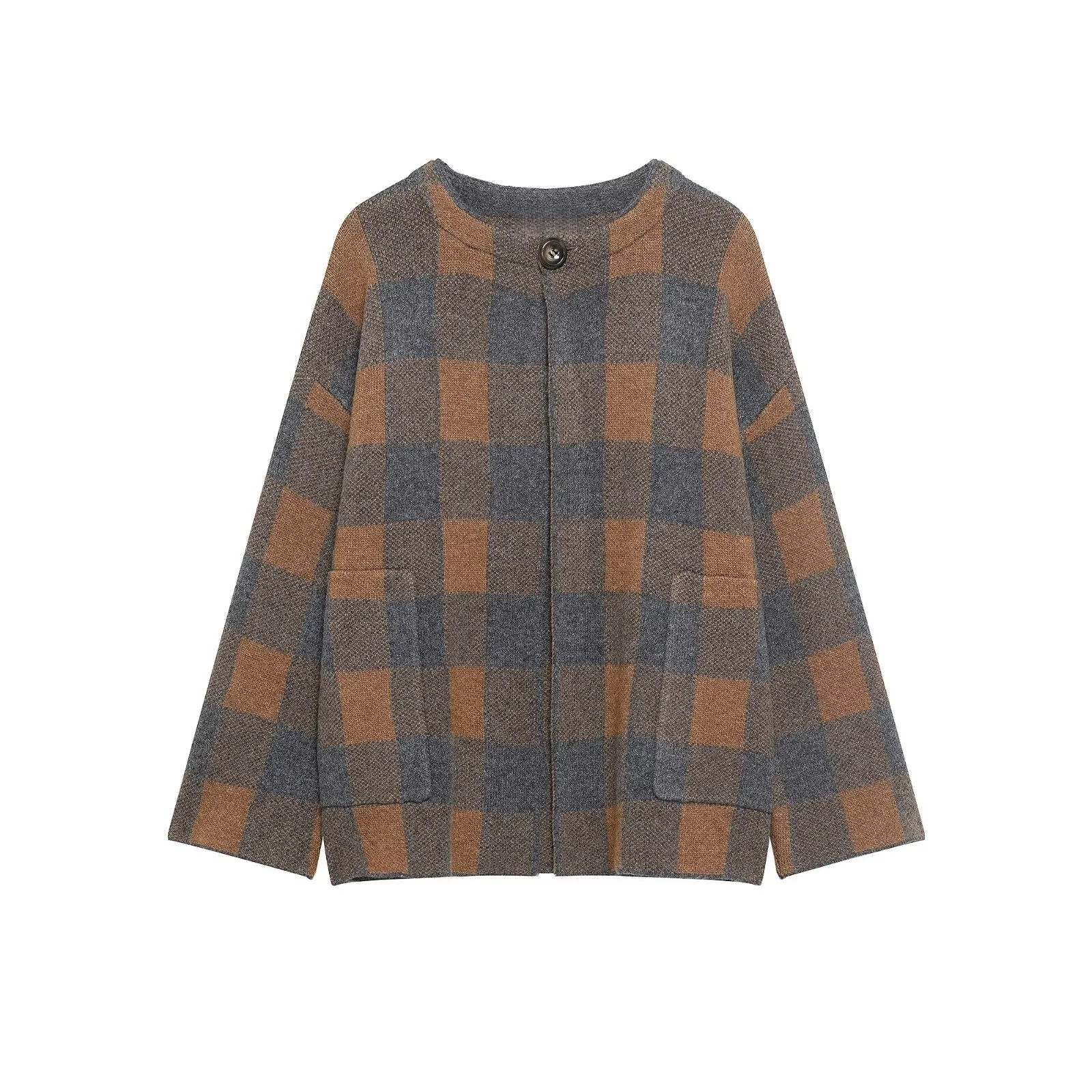 

2025 зимний новый женский повседневный модный элегантный свободный вязаный кардиган в клетку с круглым вырезом и длинными рукавами