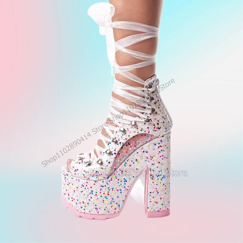 

Colorful Sequins Decor Giltter Platform Twine Sandals Lace Up Women Shoes Chunky High Heels New Fashion 2023 Zapatos Para Mujere