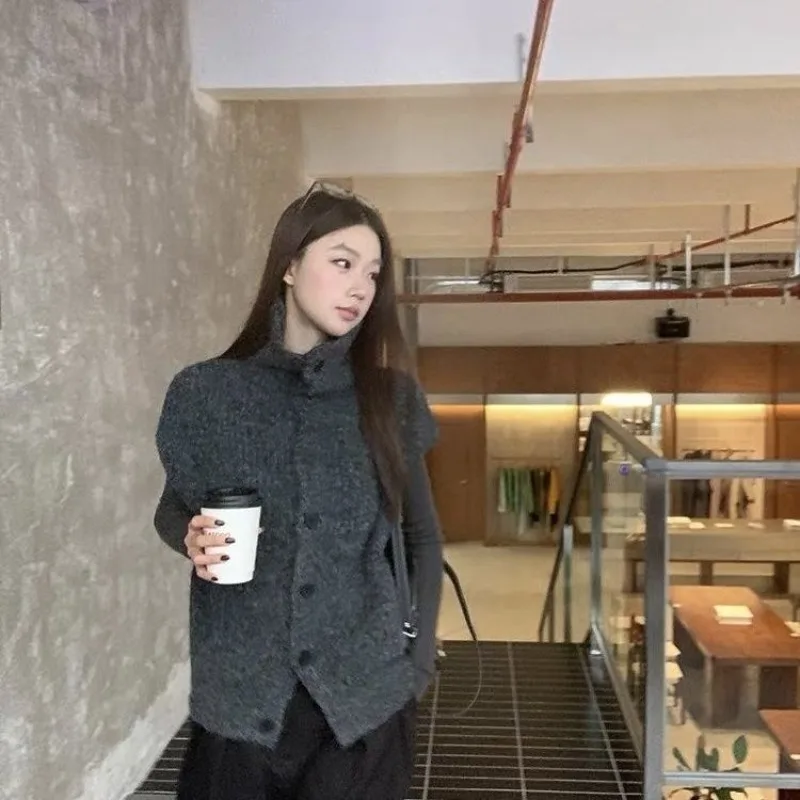 Women's Turtleneck Cardigan Vest Korean-style Loose Simple Thread Solid Knit Sweater Casual Layered Outfit Soft Waistcoat