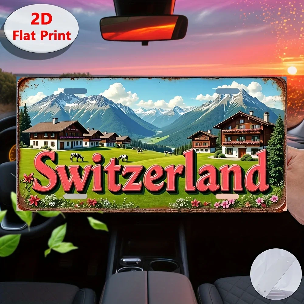 2D Flat, 1pc Vintage Swiss Chalets & Switzerland Landscape Metal Wall Art Sign - 12.0inch X 5.9inch Retro Aluminum Tin Plaque