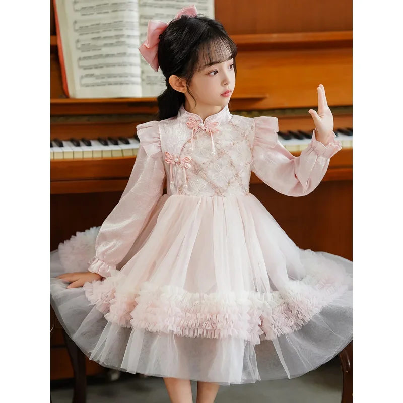

2025Girls' Spring and Autumn New Stylish Chinese Style Sweet Cute Qipao Dress
