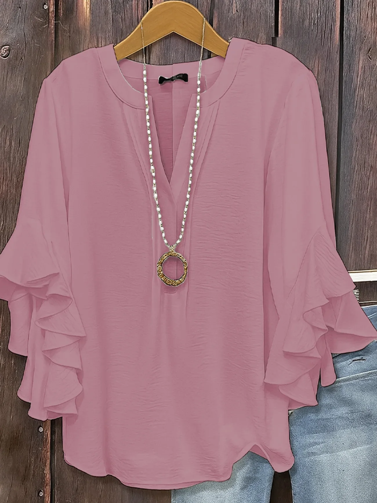 Fashion Women Split V Neck Blouse Pleated Placket Detail Multi Layer Ruffle Flare Three Quarter Sleeve Loose Straight Top