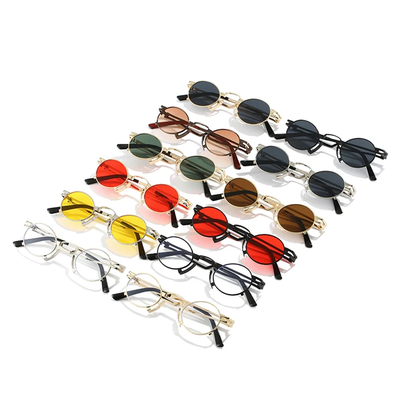 SO i EI Retro małe owalne okulary przeciwsłoneczne moda damska unikalne metalowe oprawki odcienie UV400 mężczyźni Punk czerwone żółte okulary przeciwsłoneczne — zdjęcie 5