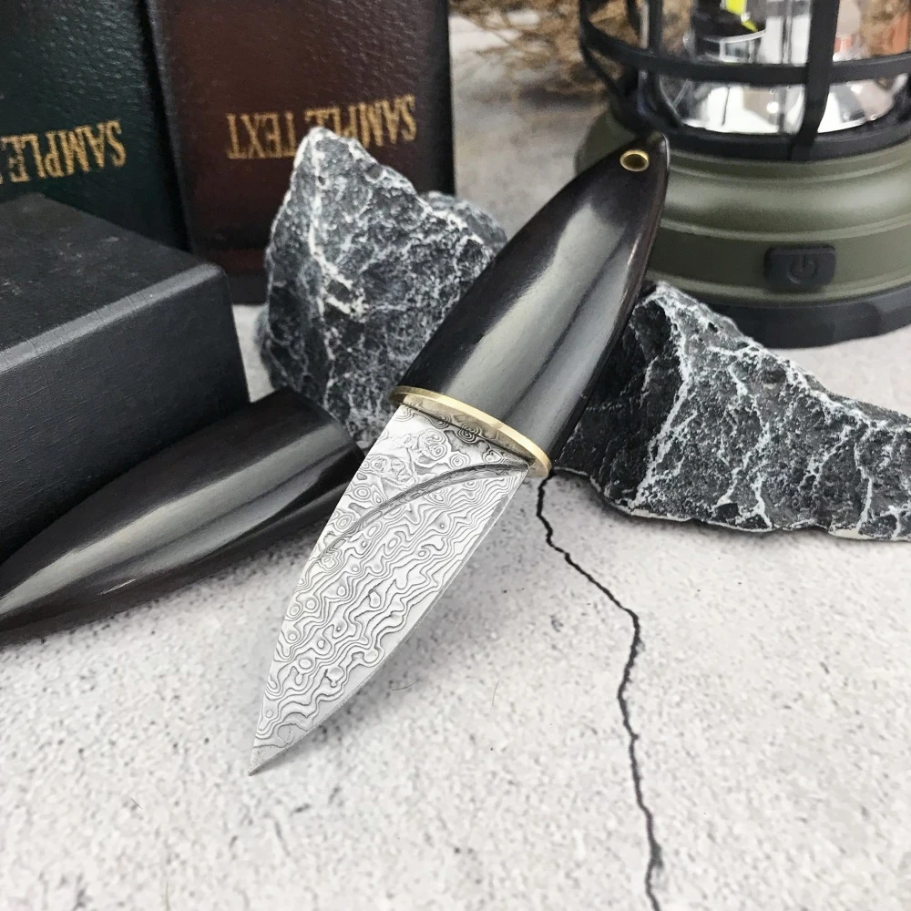 

Olive knife Damasus steel blade Ebony handle Mini pocket knife Tactical knife Camping Portable tool knife EDC knife Men's gift