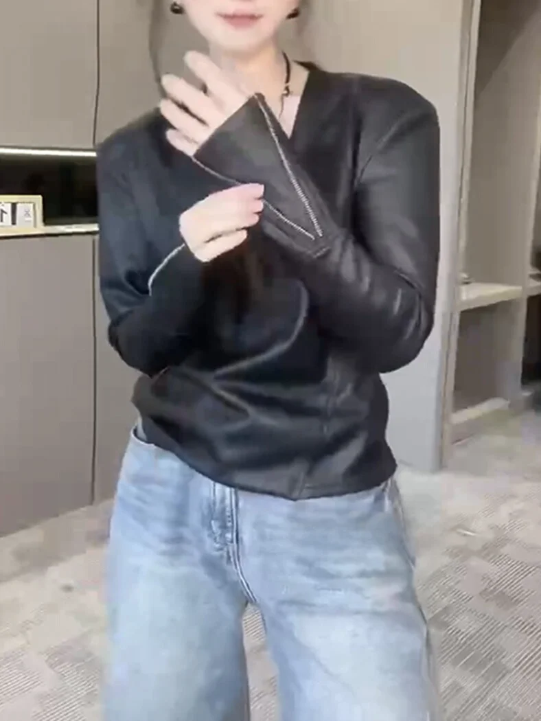 Primavera 2024 faionable fino ajuste bla couro de cordeiro jaet v-ne casaco feminino n pele longa sve comprimento regular eepskin