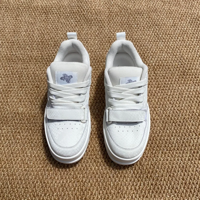 Unisex White Snake Grain Platform Skate Shoes with Thick Sole Height Increasing Large Size Hook And Loop Casual Street Footwear