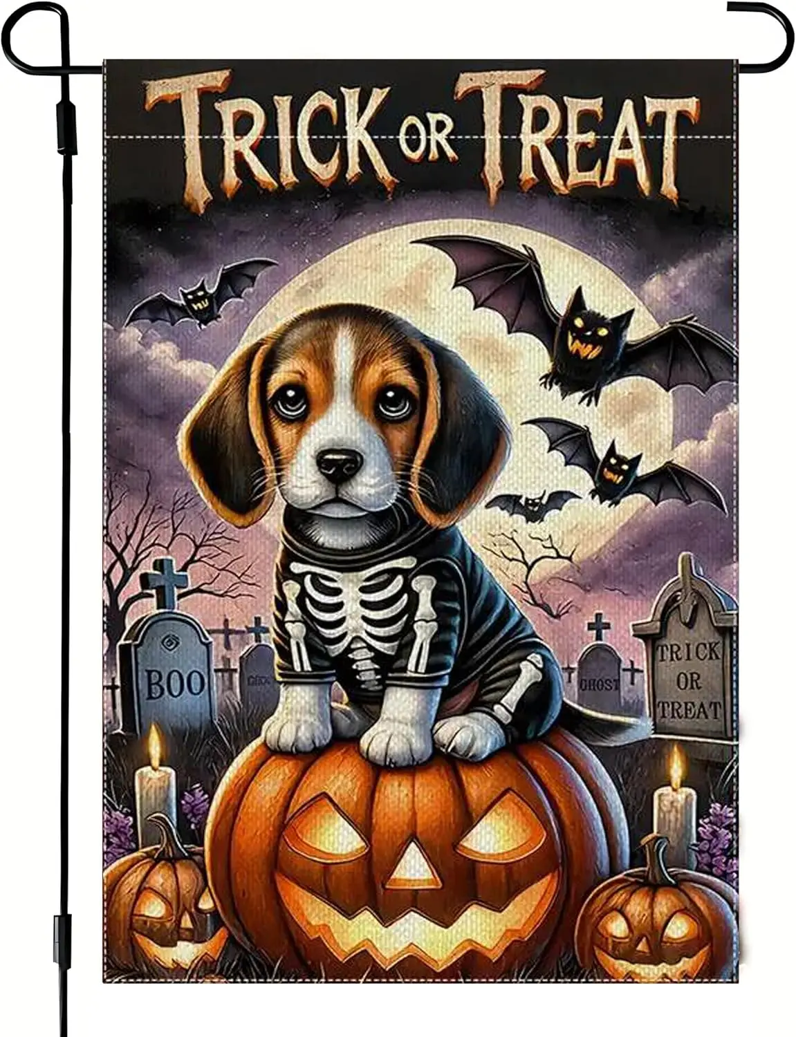 Halloween Beagle Dog Trick or Treat Garden Flags 12x18 Inch Double Sided, Burlap Outdoor Holiday Farmhouse Garden Flag Hallo KKW