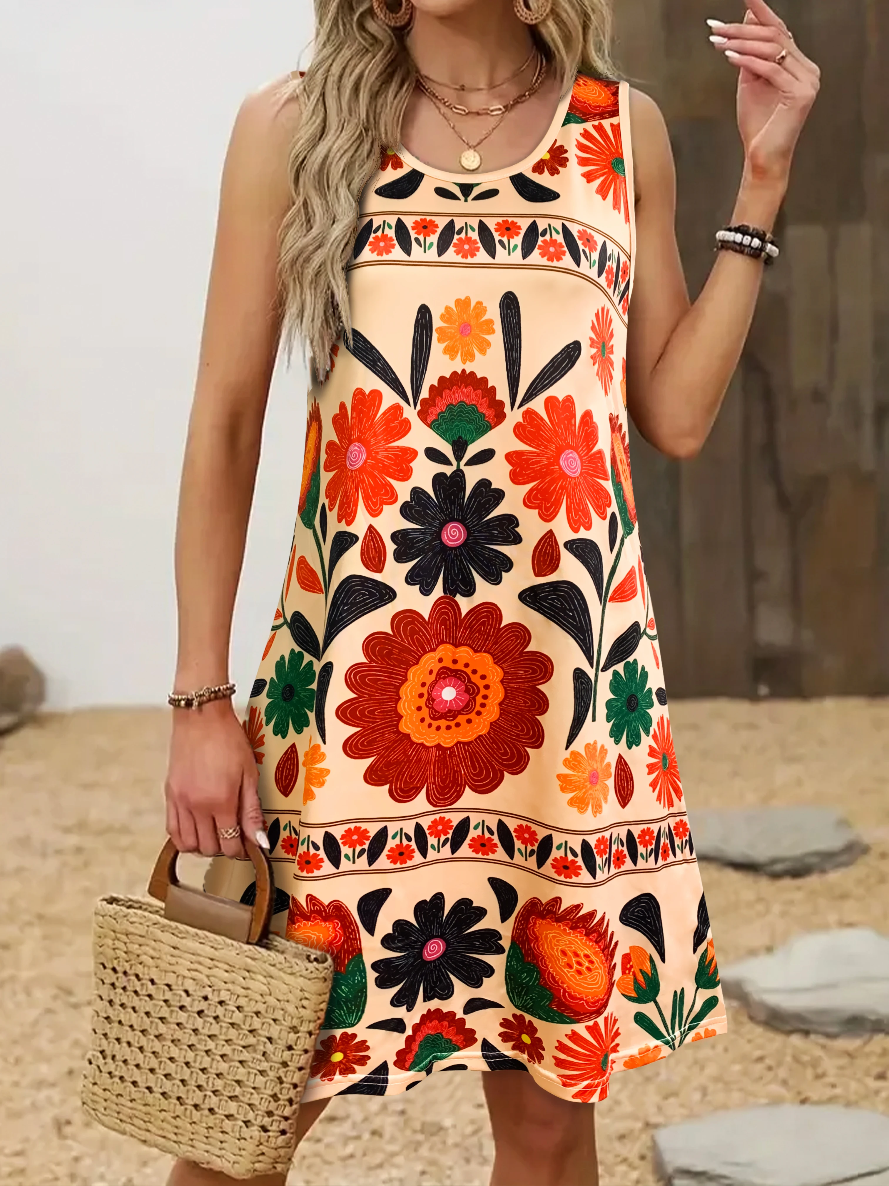 Vestido floral bohemio sin mangas para mujer, minivestido con estampado de flores coloridas, traje informal de playa y festival de verano