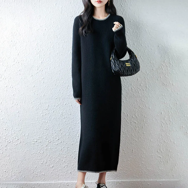 ZYCZCXXFall/hiver 2025 nouvelle robe tricotée 100% laine Pure femmes couleur ample correspondant à manches longues col rond robe de mode douce
