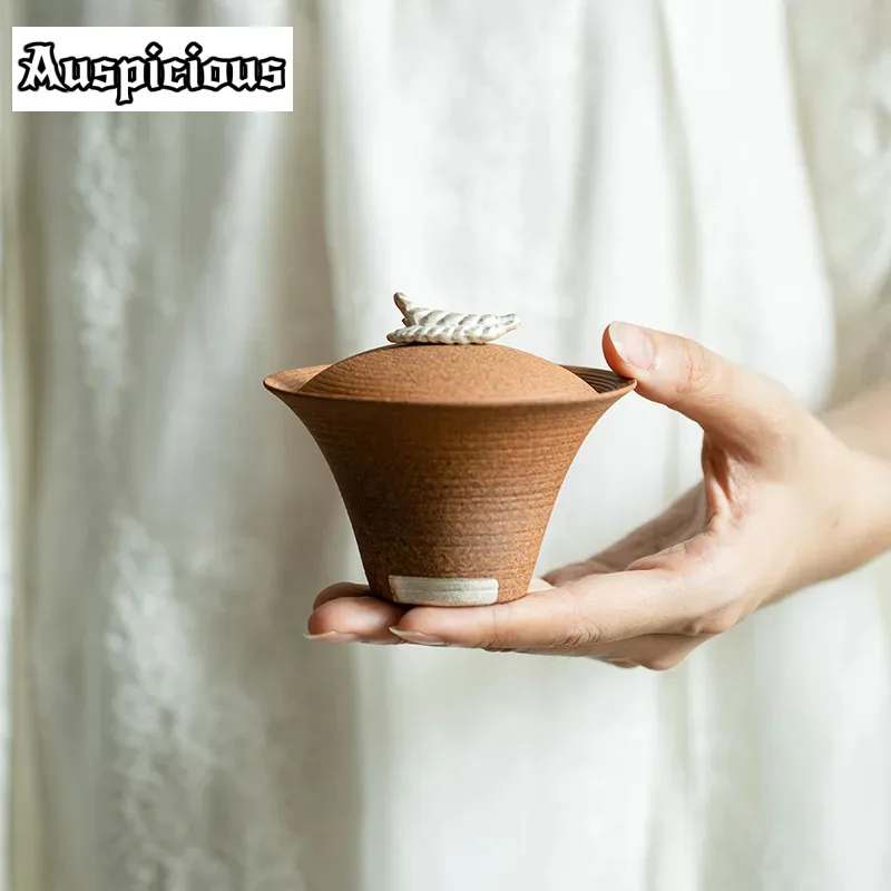 120ml Handmade Drawing Silver Wheat Ear Gaiwan Pottery Bowls Hand Grasping Bowl Tea Tureen Tea Maker Cover Bowl Teaset Ornaments