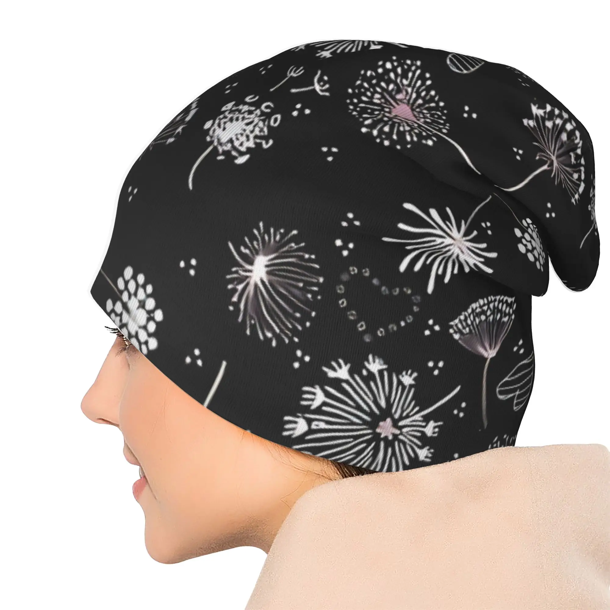 Autumn Dandelions On Black Bonnet Homme Fashion Thin Hat Skullies Beanies Caps Men Women Style Hats 5