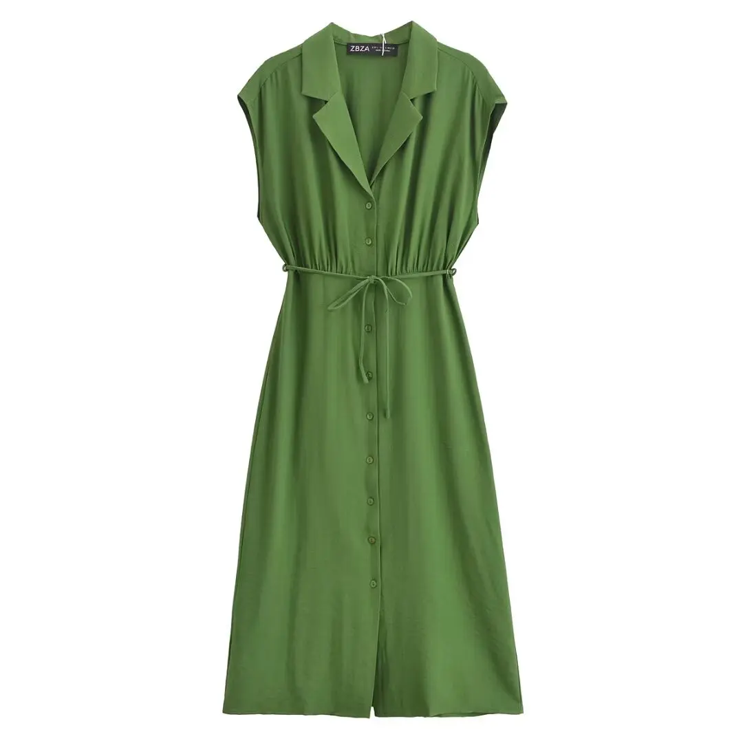 

TRAFZA Chic Green Sashes Streetwear Female Dress Casual Sleeveless Woman Dress Fashion 2025 Summer Elegant Female Polo Vestidos