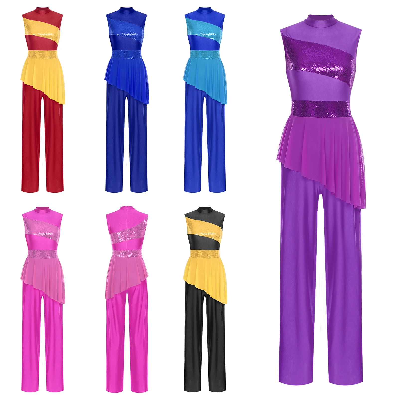 Mono elegante para mujer, vestido sin mangas con corpiño de lentejuelas, superposición de malla asimétrica a la moda con dobladillo acampanado, Ropa de baile