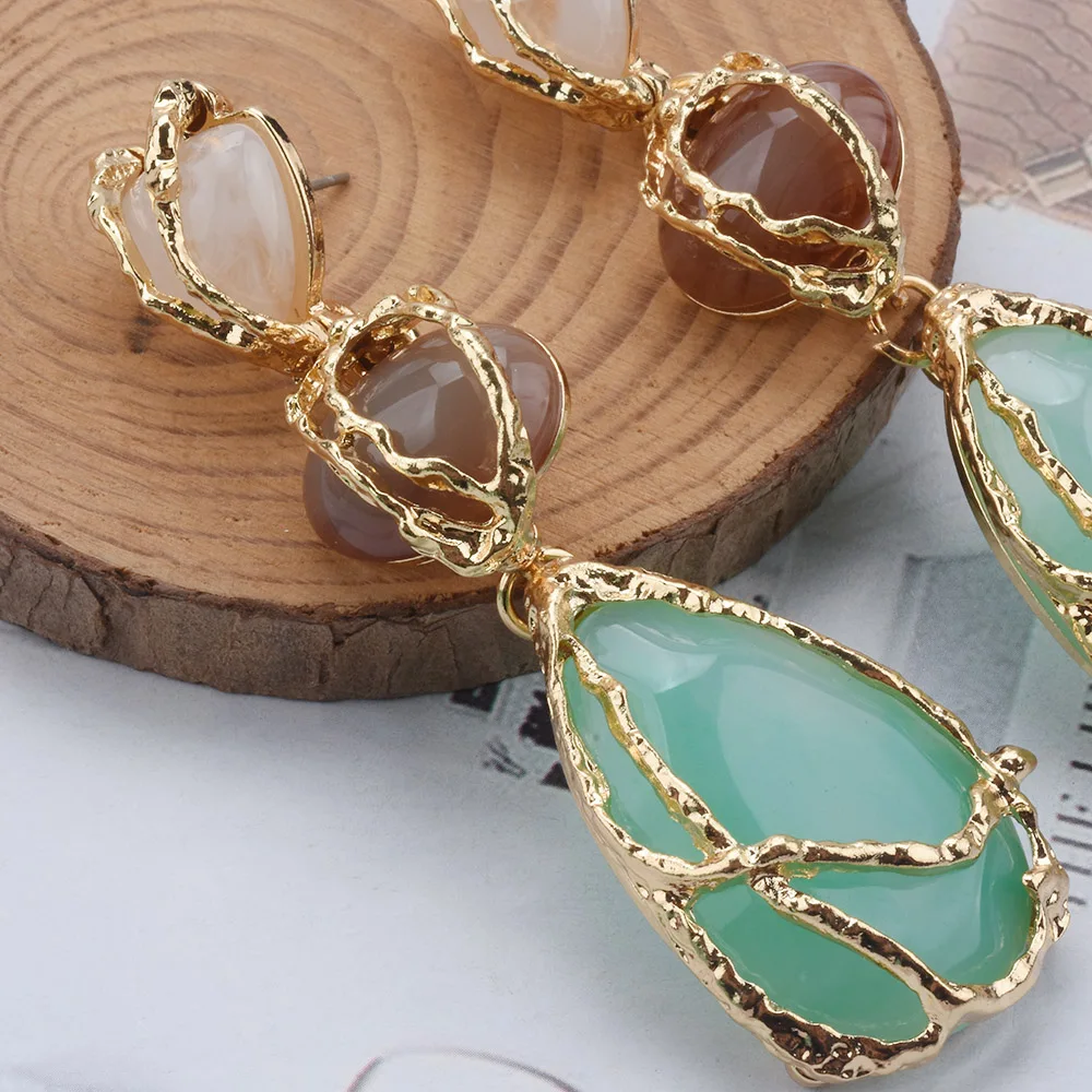 2026 New Trend Boho Green Resin Stone Dangle Earrings Women Indian Ethnic Vintage Statement Water Drop Long Earring Lady Jewelry