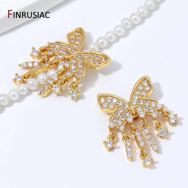 18K Gold Plated Brass Zircon Butterfly Spacer Beads,Dangle Tassel Charm Separator Beads for DIY Pearl Bracelet Necklace Supplies view 6