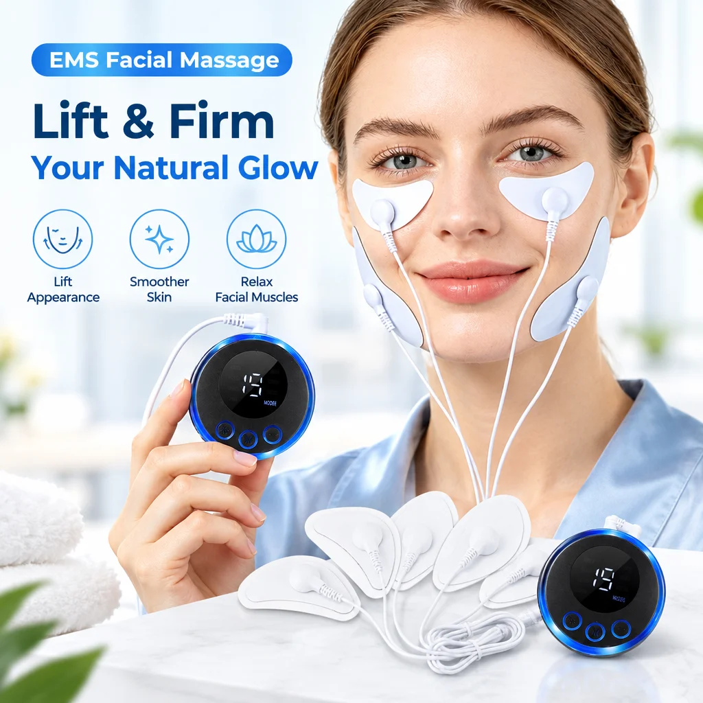 EMS Face Lifting Massager 8 Modes 19 Levels V Line Contouring Device Double Chin Reducer USB Rechargeable Home Skin Firming Tool