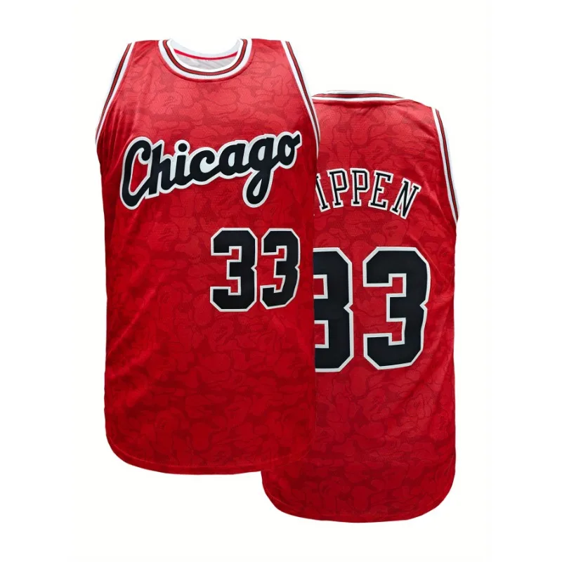 

Mens #33 Red Basketball Sports Jersey, Breathable Sleeveless Pattern Embroidery Sweatshirt Training Competition Sports Uniforms