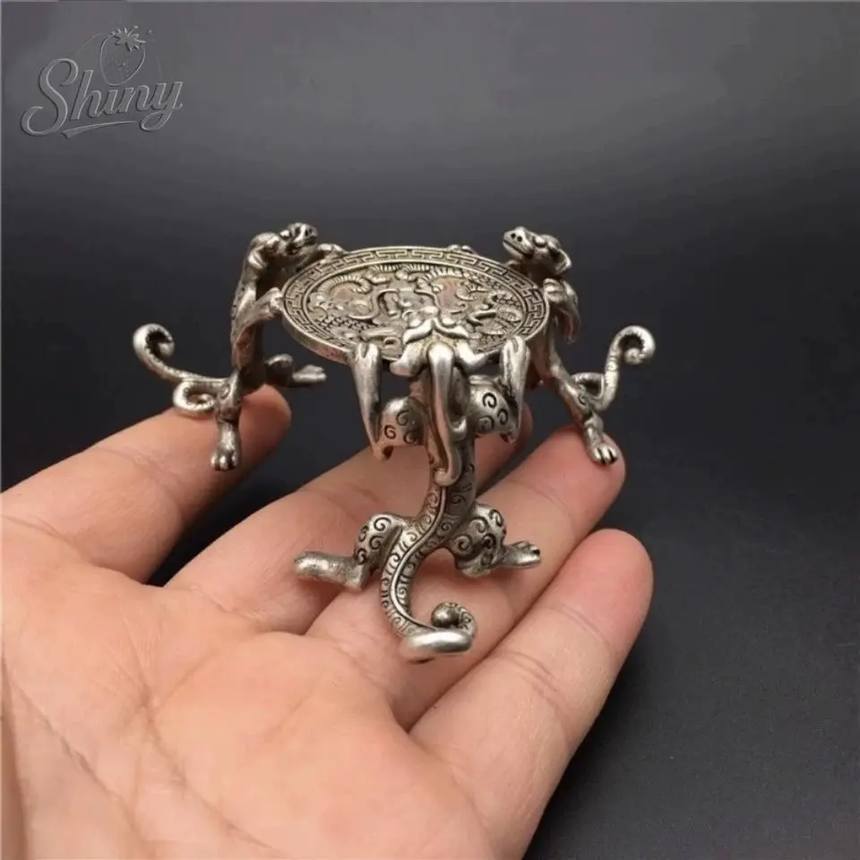 

Old Chinese Tibet Silver Handmade Kylin Tripod Candlestick Tea Tray Statue Home Decoration Accessories