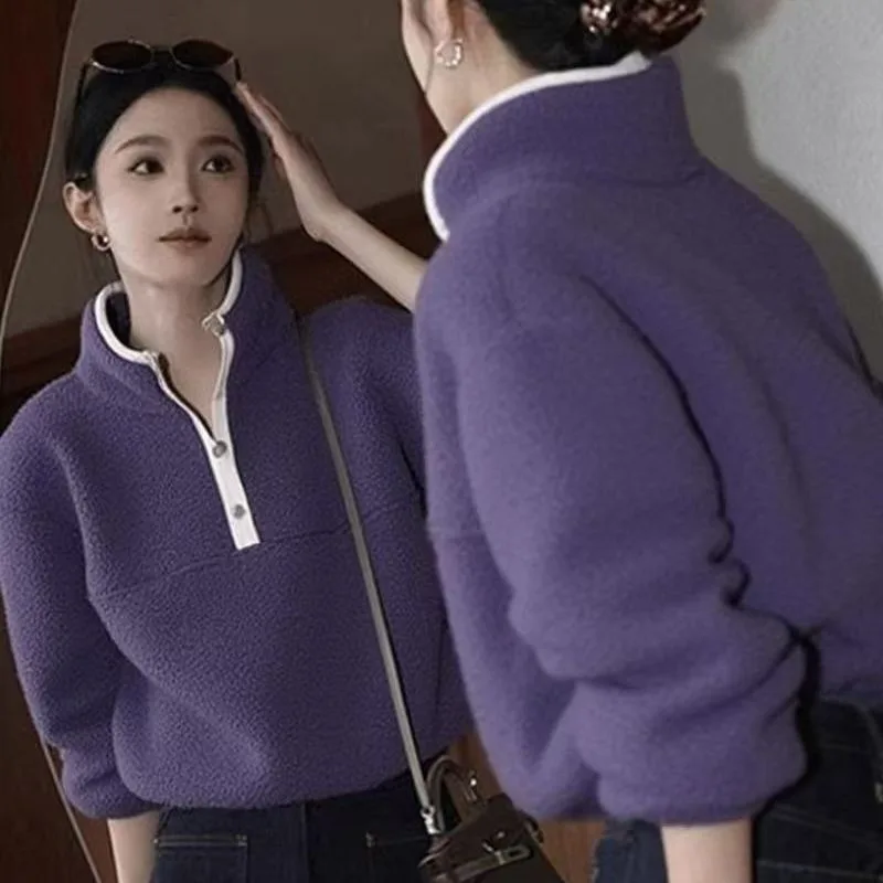 Women's Purple Fleece Pullover Half-Zip Contrast Collar Button Design Loose Warm Casual Top