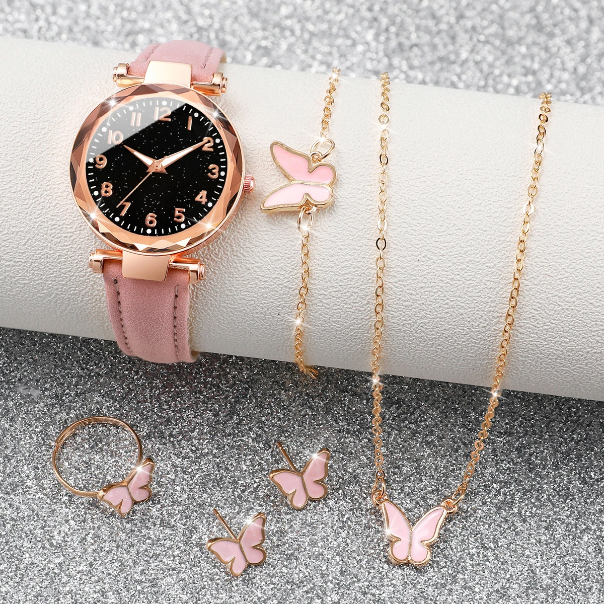 6pcs/set Women Pink Leather Strap Quartz Watch with Butterfly Jewelry Set