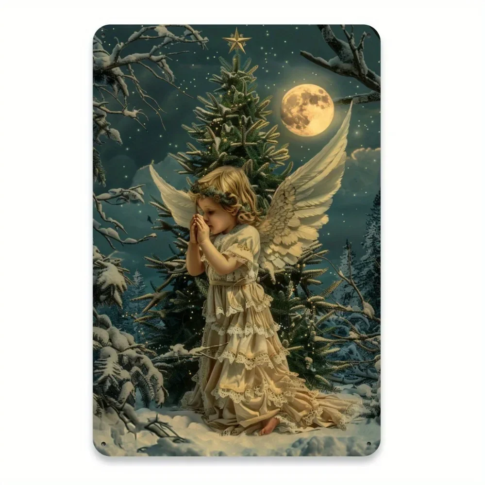 Vintage-Engel-Metallblechschild, 20,3 x 30,5 cm, rustikale Weihnachts-Wanddekoration mit Schneeszene, Gebet für Zuhause, drinnen und draußen, Hängedekoration