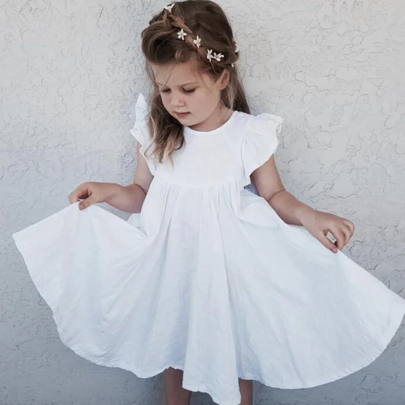 

New Summer Baby Girls Solid Flying Sleeve Round Neck Cotton Linen Lace-up Dress Toddler Casual Princess A-line Dresses Clothing