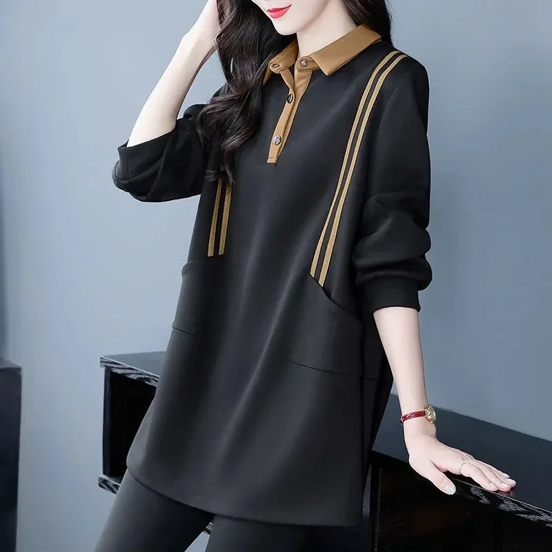 Damen-Kapuzenpullover, Frühling und Herbst, neue Mode, minimalistisch, elegant, langärmelig, Oberbekleidung, lockere Slim-Fit, Bauchversteckung, vielseitiges Revers-Top