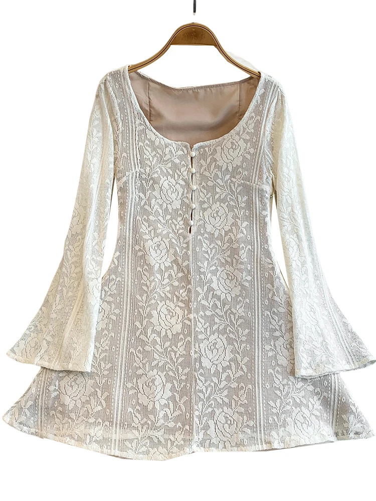 Ele Lace Splice Slim Fit Dr mit Glocke Sves Low Cut rund Ne Hollow Out Design für Frauen Autumn Faion ort Dr