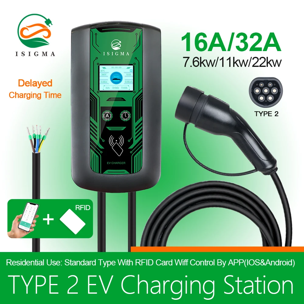 ISIGMA 16A 11KW 32A 7.6/22KW APP EV Charging Station Type 2 IEC 62196-2 EU Plug With RFID 220V~450V Home Use WIFI APP