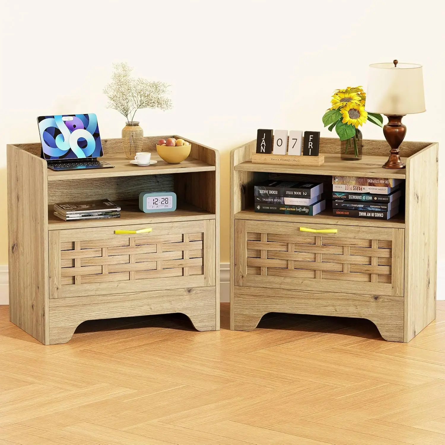 

Nightstand Set of 2, Night Stand with 2-Tier Open Storage, Oak Bedside Table with Drawer, Bed Side End, Customized