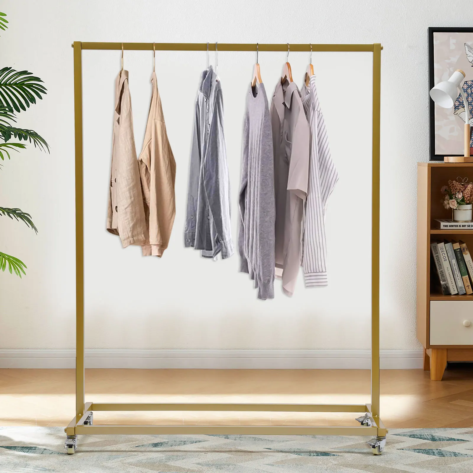 Industrial Style Freestanding Clothes Rack, Gold Iron Garment Display Stand with 4 Universal Wheels, 25kg/55lbs Load Capacity