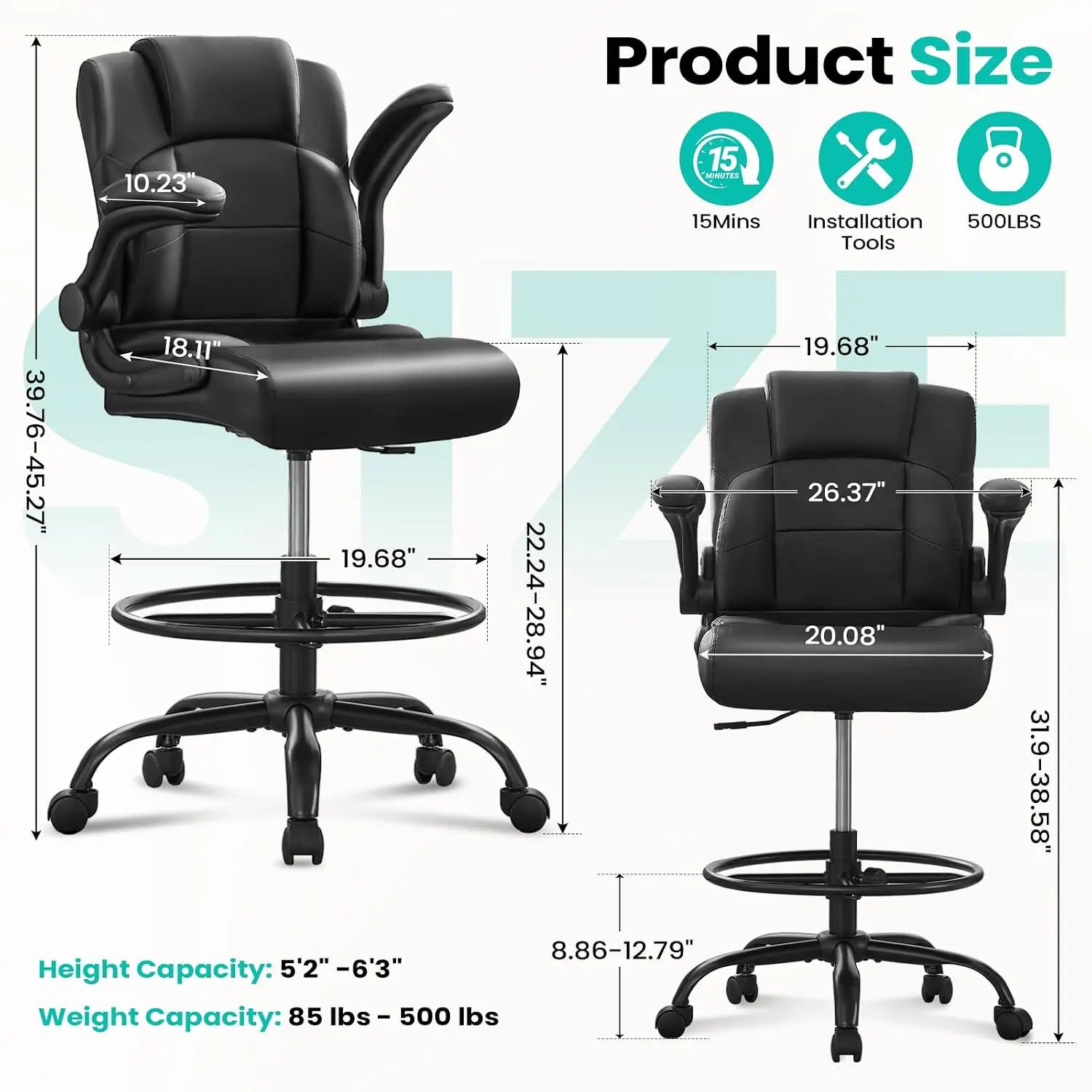 Tall Drafting Chair Ergonomic PU Leather 500Lbs Flip-up Armrest Adjustable Foot Ring Standing Desk Home Office, Customized