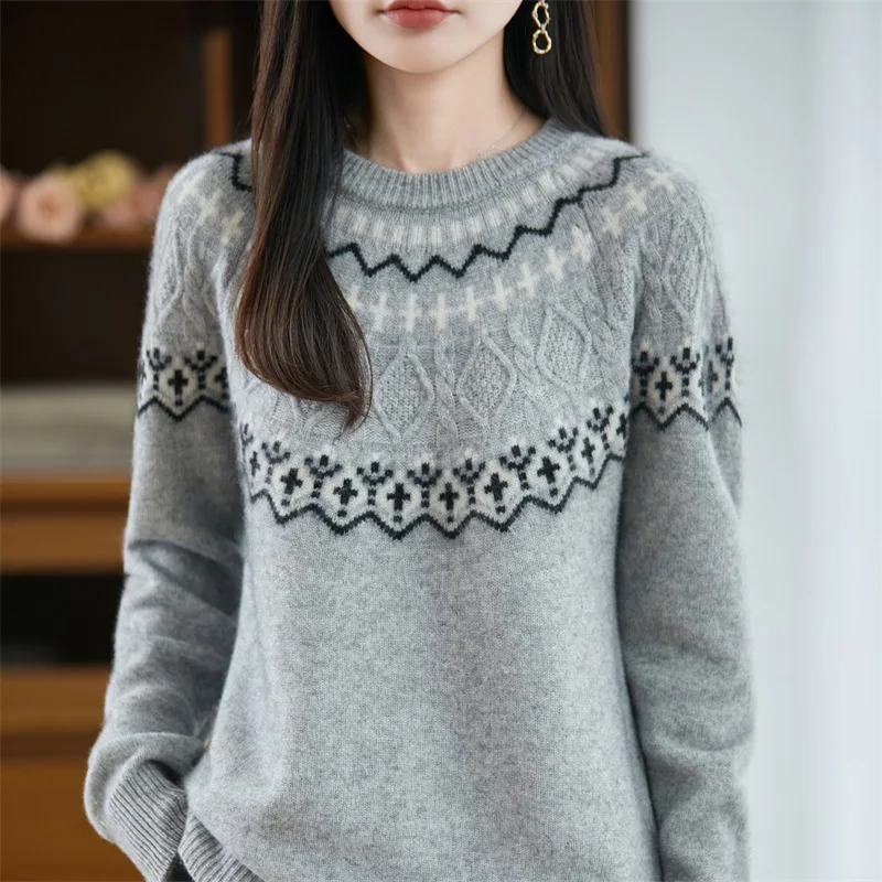 

Autumn and Winter New 100% Wool Pullover Women's Casual Knitted Jacquard Round Neck Women's Sweater Loose Hot Selling Women'sTop