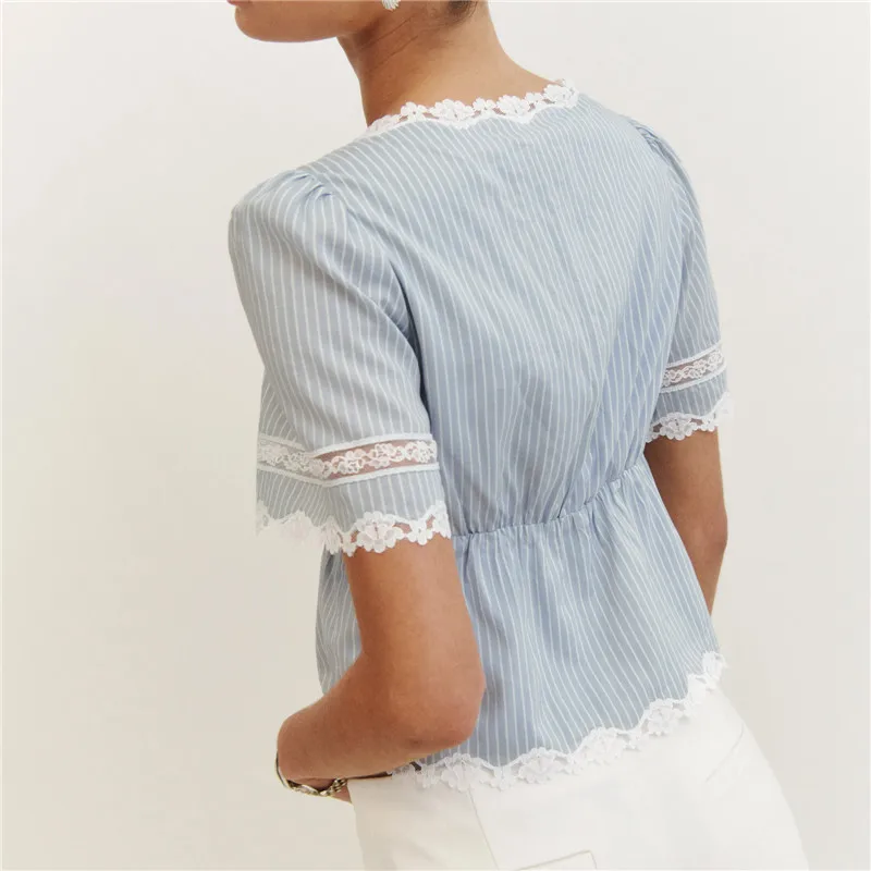 Women Lace Patchwork Tie Up Front T-Shirts Summer Striped Square Neck Short Sleeve Peplum Tops Ladies Elegant Blouse Streetwear