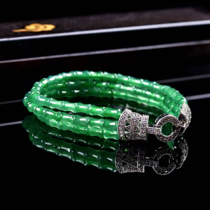 Certificate Real Natural Green Jade Multi-turnbamboo Joint Bracelet Handstring Carved Charm Jadeite Jewelry Fashion Amulet Gifts