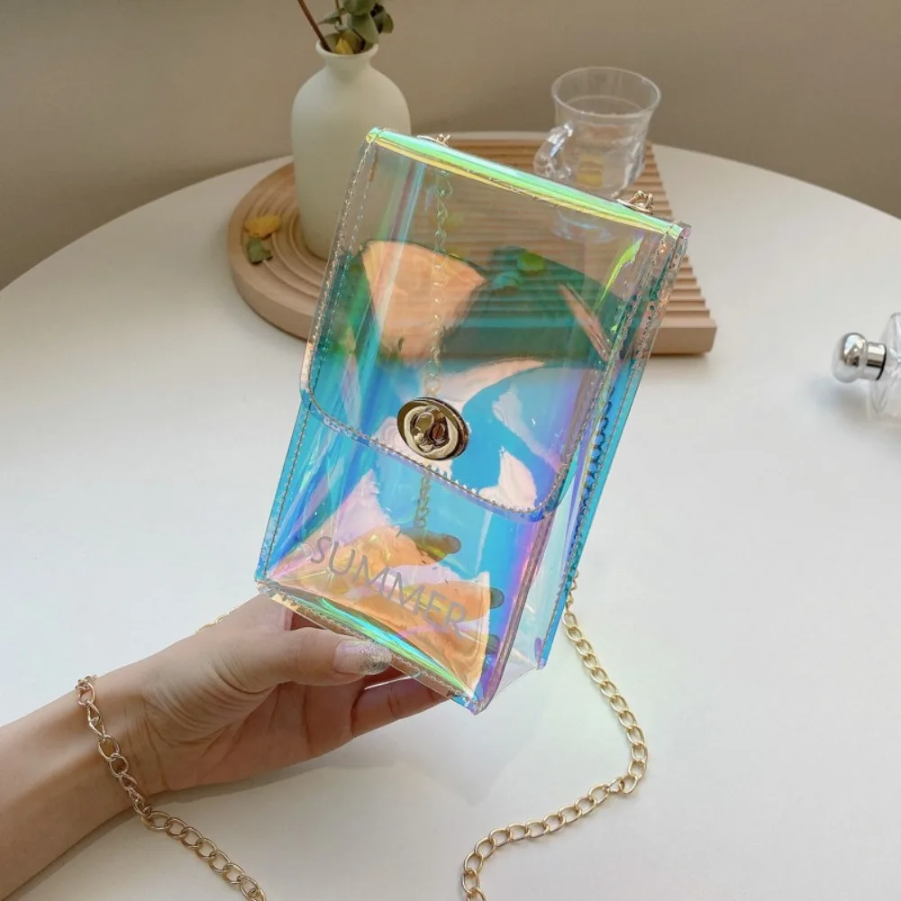 

Fashion PVC Transparent Crossbody Bag Mini Waterproof Laser Shoulder Bag Korean Style Phone Bag Vacation Beach Bag Girls