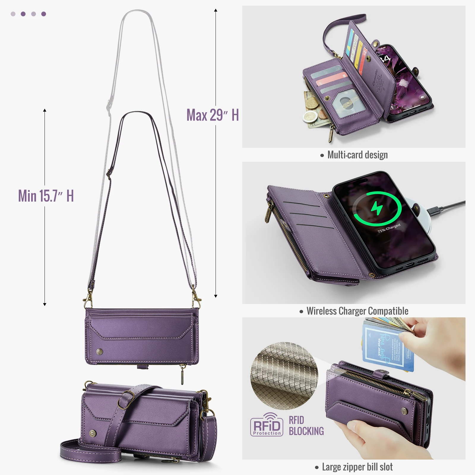 

Caseme-C36 For iPhone 17 Pro Max Wallet Case With 10 Card Slots, Zipper Bag, Wallet Slot, Coin Purse, Long Shoulder Strap Rope