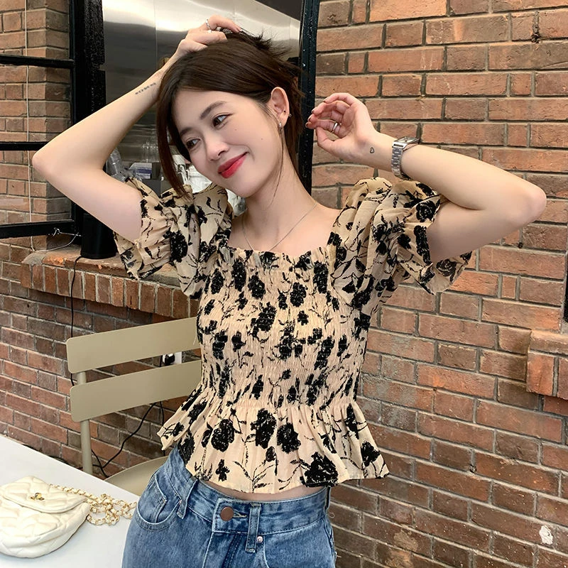 French Square Collar Floral Printed Shirt Elasticity Waist Women Tops Puff Short Sleeve Casual Ruffles Summer Blouse