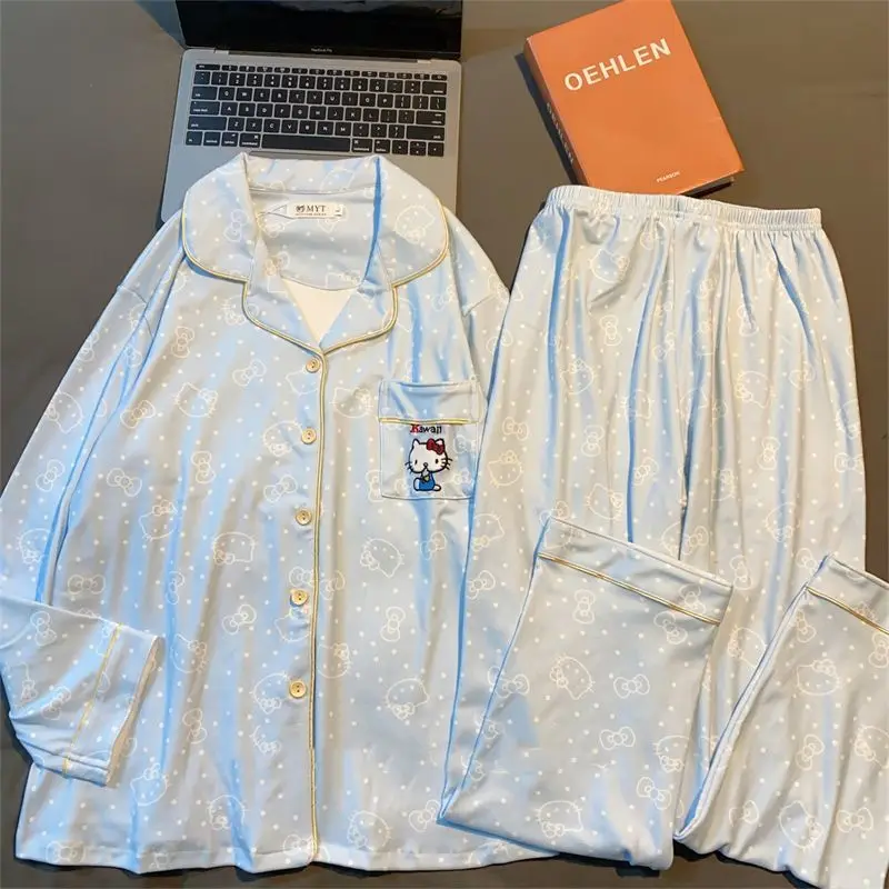 Fille ensemble de vêtements de détente microvilli bonjour kitty kawaii dessin animé étudiant décontracté automne hiver revers cardigan vêtements de maison pyjamas nouveau chaud