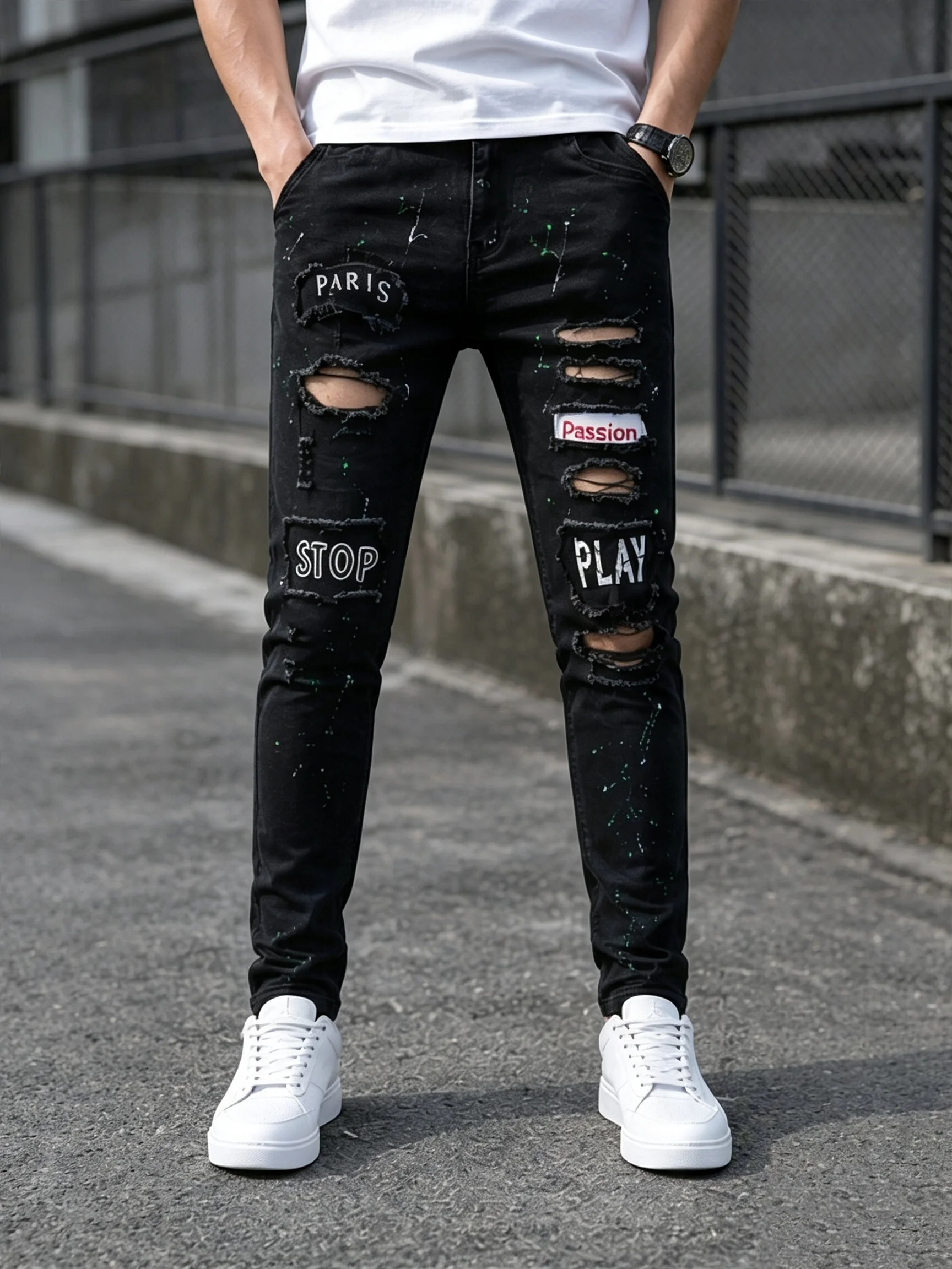 High Stretch Men Denim Jeans Distressed Ripped Frayed Hole Letter Patch Paint Splatter Design Slim Skinny Street Casual Pants