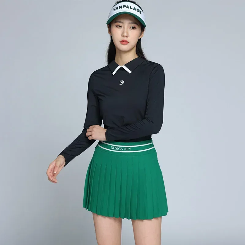 DK Lente Golf T-shirt met lange mouwen Dames Poloshirt met rits Terug Ademende tops Plooirok Anti-blootstelling Groene Skort-pakken