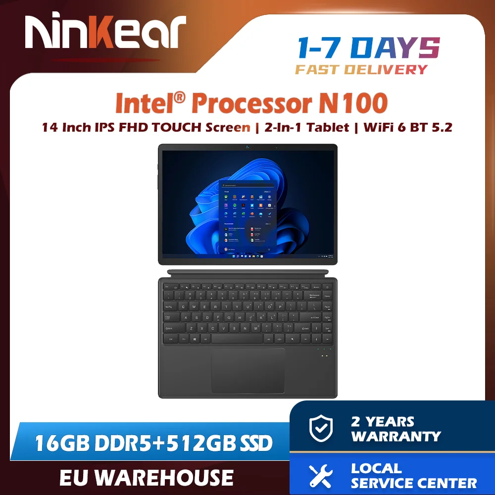 Ekran dotykowy laptopa Ninkear T40 2 w 1 Tablet Intel N100 14 Cal FHD 16GB DDR5 + 512GB SSD Wifi 6 podświetlana klawiatura RGB z rysikiem